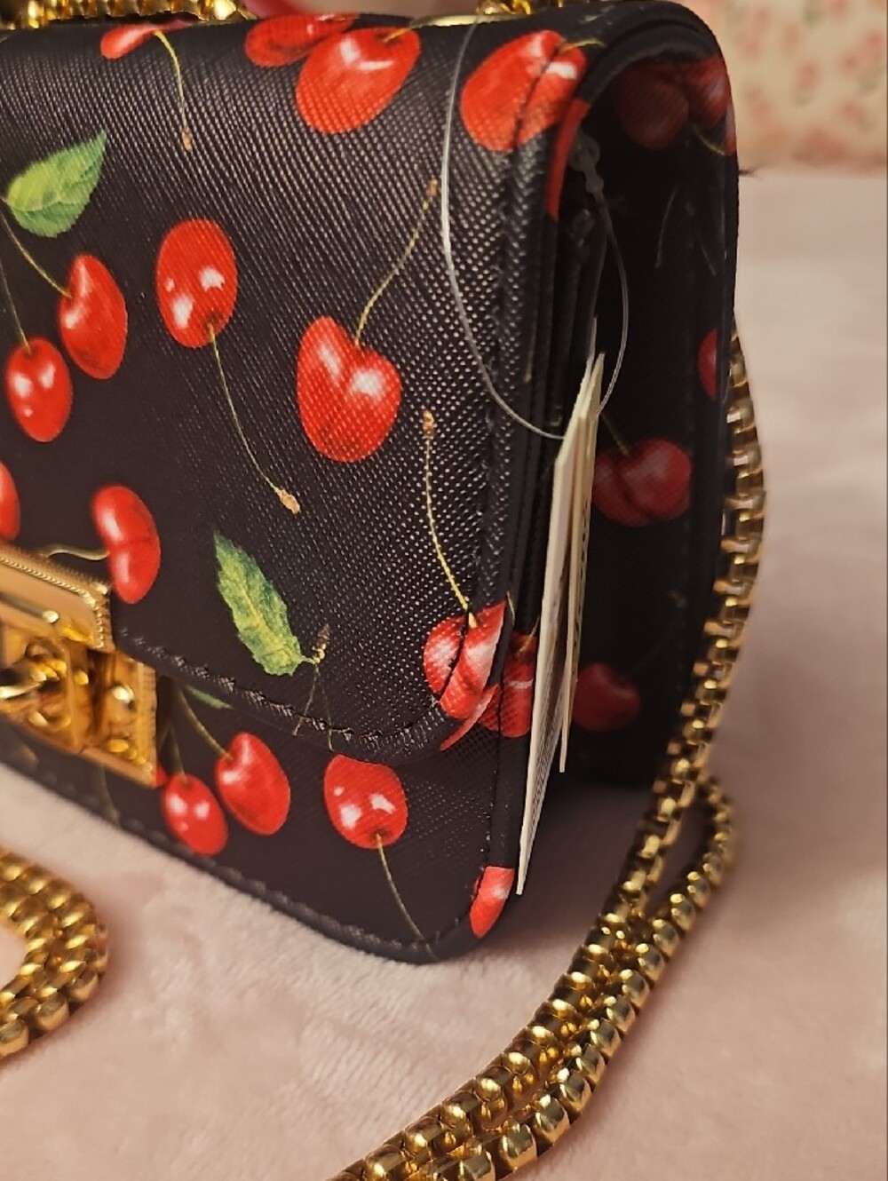 Black Cherry Print Crossbody Bag with Gold Chain - 1 Free Bag Charm Included - Picture 3 of 6